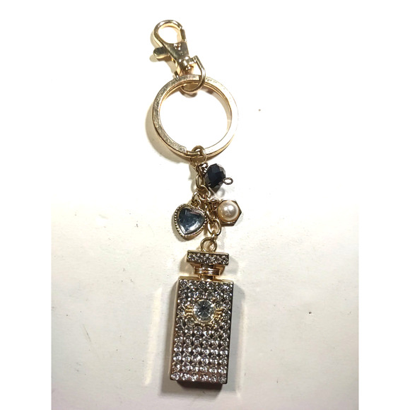 Faux Perfume Bottle Rhinestone Keychain Rose Gold Tone Heart Pearl Purse Clip - Picture 2 of 6